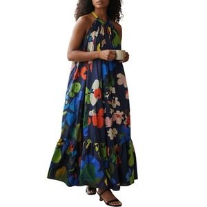 WHIT TWO Anthropologie Floral Halter Maxi Dress Navy Flowy Multi Color Cotton XL